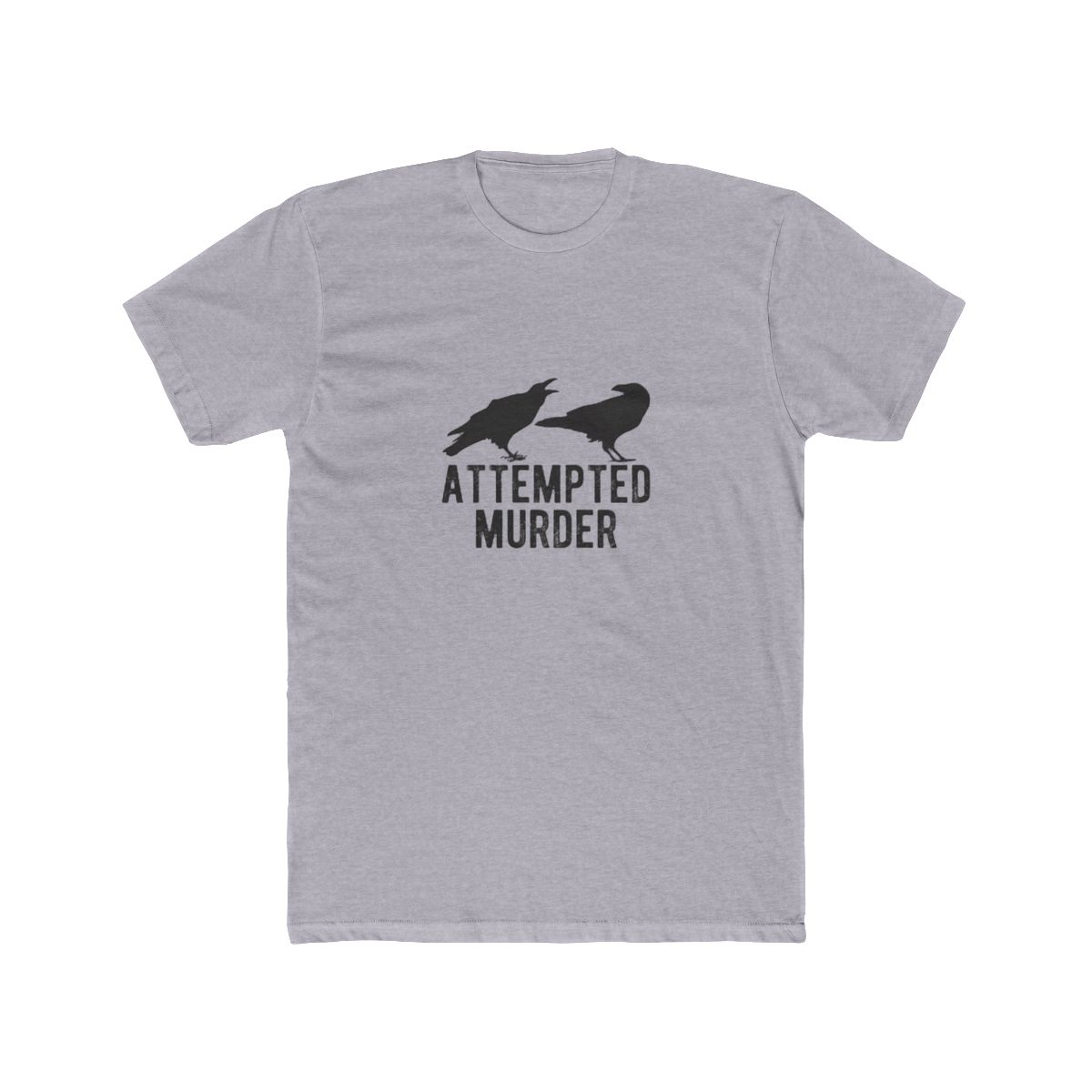 Gray T Shirt with a black silhouette of two crows facing each other. The text "ATTEMPTED MURDER" is printed below the crows - alternate angle 4, merchandise