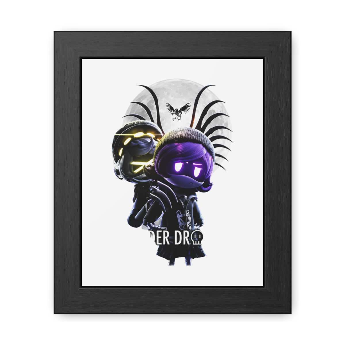 A framed poster with the title "MURDER DRONES." The artwork depicts a character with purple hair and glowing eyes, set against a moonlit backdrop. The poster is framed in black and is displayed on a... - Murder Drones official Accessories merch