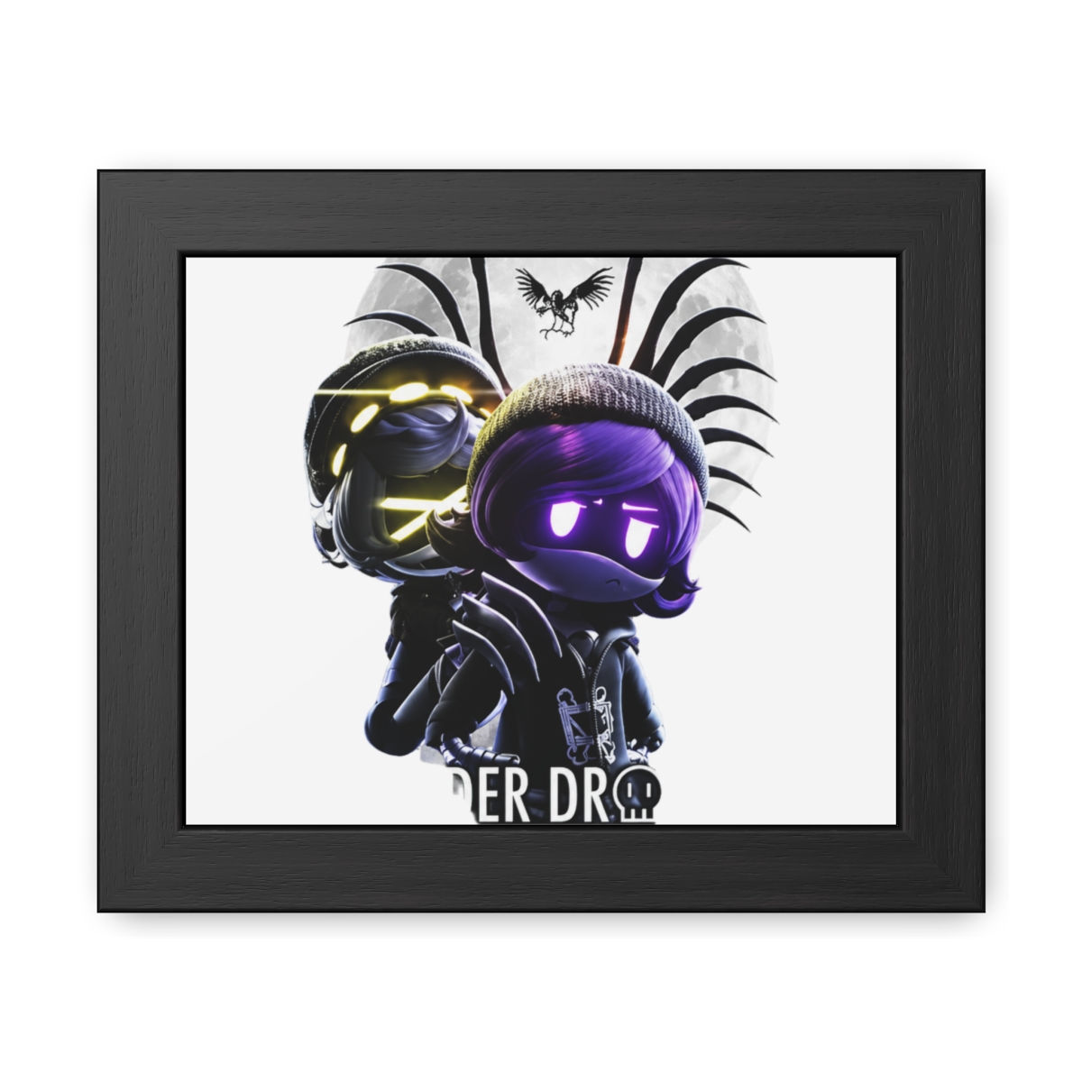 A framed poster with the title "MURDER DRONES." The artwork depicts a character with purple hair and glowing eyes, set against a moonlit backdrop. The poster is framed in black and is displayed on a... - Official Accessories merchandise