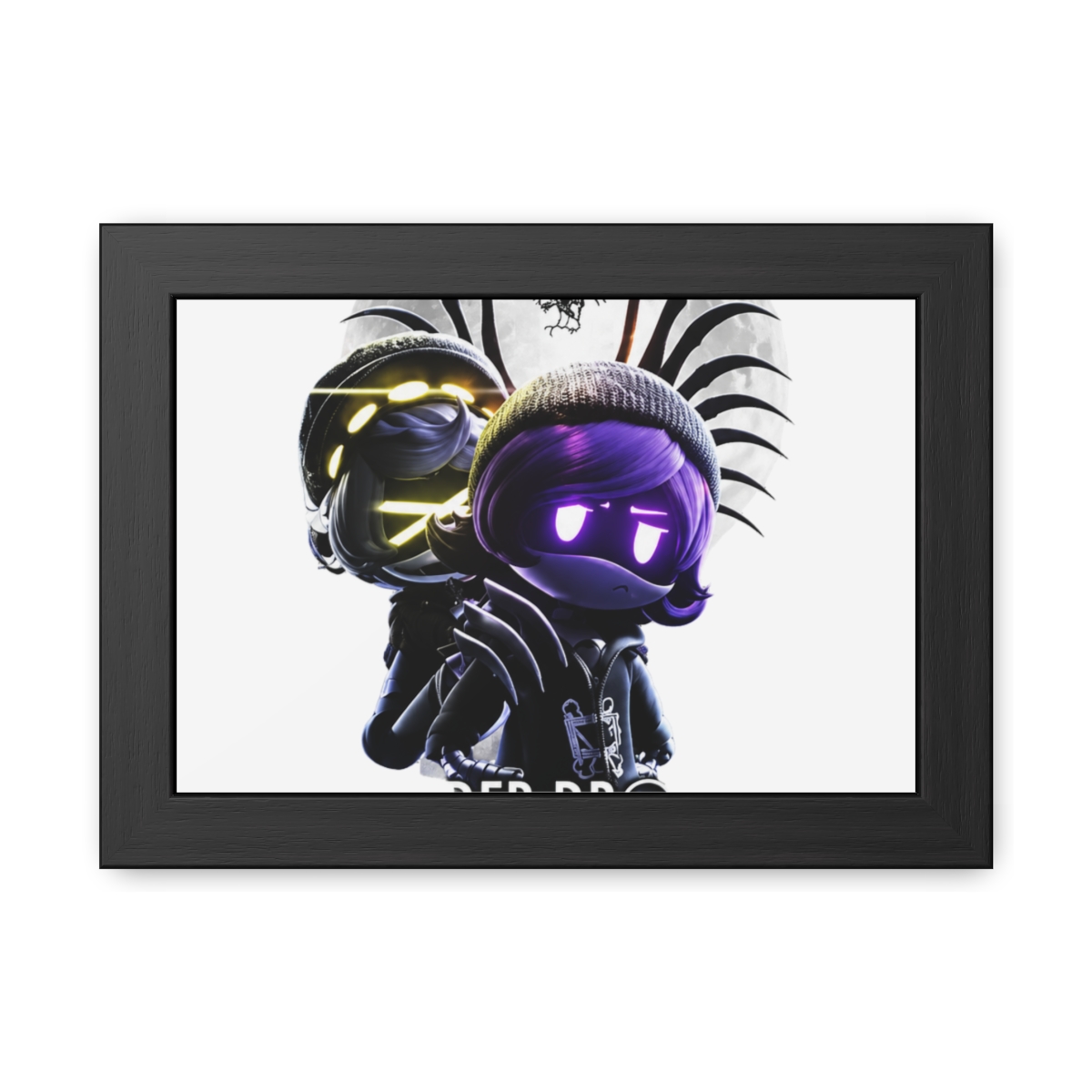 A framed poster with the title "MURDER DRONES." The artwork depicts a character with purple hair and glowing eyes, set against a moonlit backdrop. The poster is framed in black and is displayed on a... - alternate angle 2, merchandise