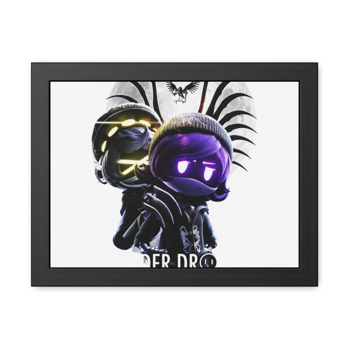 A framed poster with the title "MURDER DRONES." The artwork depicts a character with purple hair and glowing eyes, set against a moonlit backdrop. The poster is framed in black and is displayed on a... - alternate angle 4, merchandise