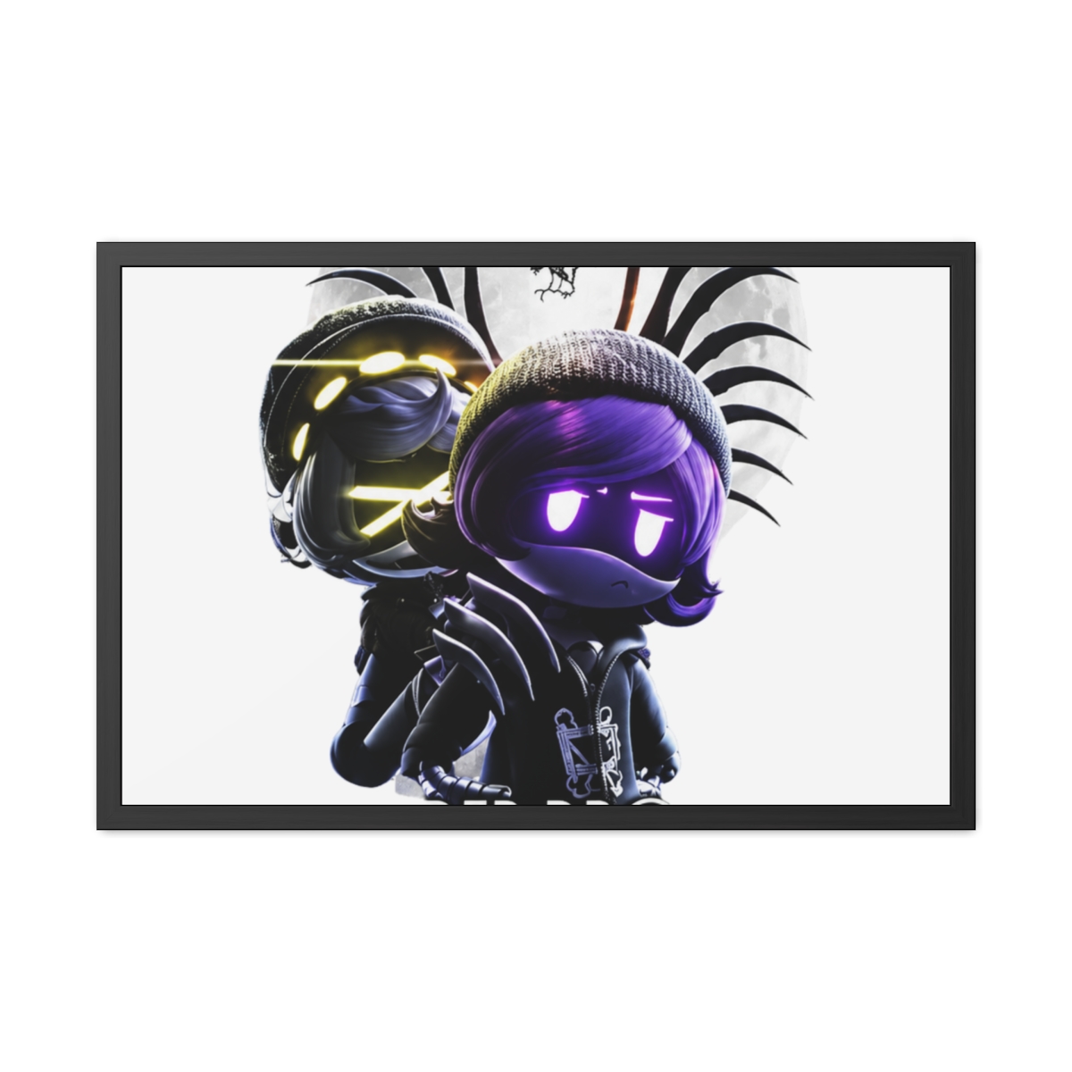 A framed poster with the title "MURDER DRONES." The artwork depicts a character with purple hair and glowing eyes, set against a moonlit backdrop. The poster is framed in black and is displayed on a... - alternate angle 2, merchandise