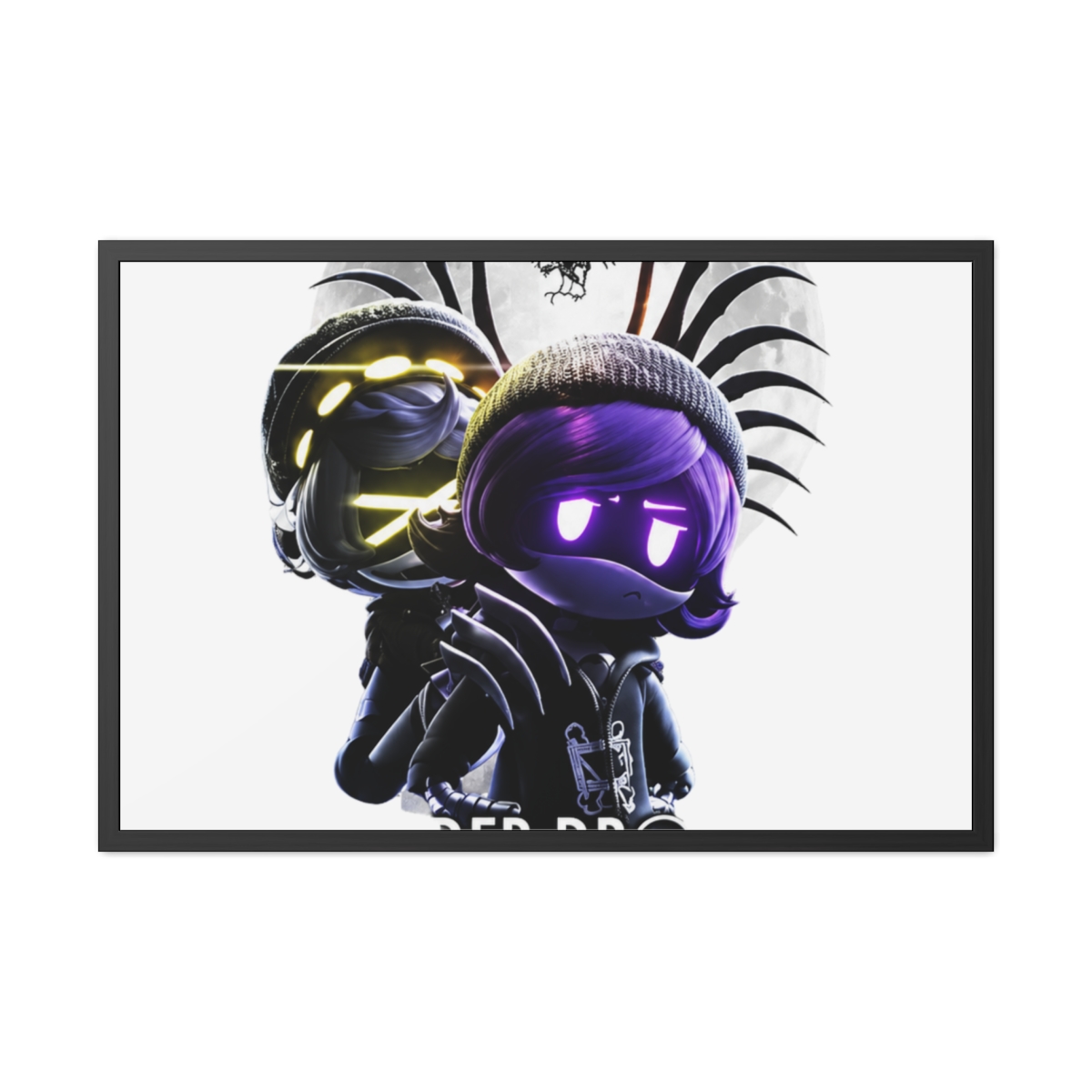 A framed poster with the title "MURDER DRONES." The artwork depicts a character with purple hair and glowing eyes, set against a moonlit backdrop. The poster is framed in black and is displayed on a... - alternate angle 3, merchandise