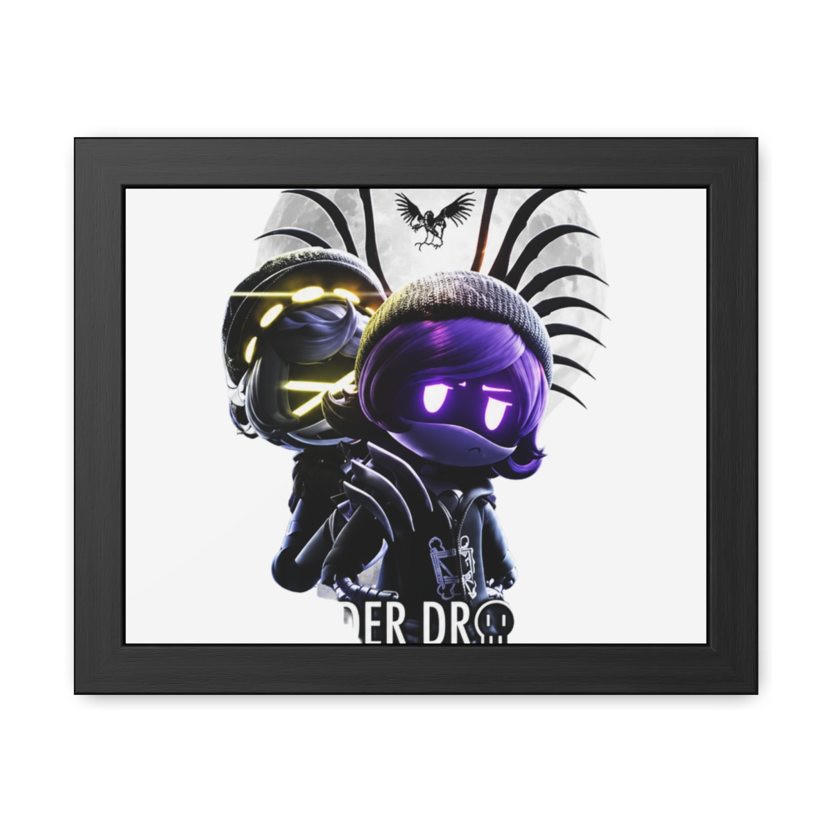 A framed poster with the title "MURDER DRONES." The artwork depicts a character with purple hair and glowing eyes, set against a moonlit backdrop. The poster is framed in black and is displayed on a... - alternate angle 3, merchandise