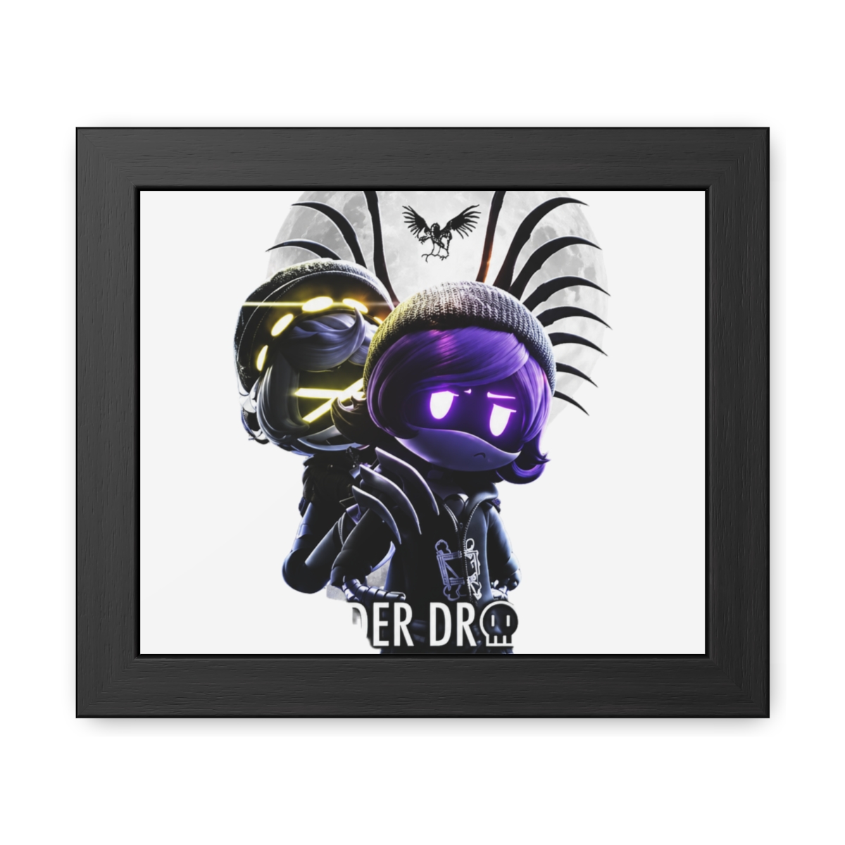 A framed poster with the title "MURDER DRONES." The artwork depicts a character with purple hair and glowing eyes, set against a moonlit backdrop. The poster is framed in black and is displayed on a... - alternate angle 1, merchandise