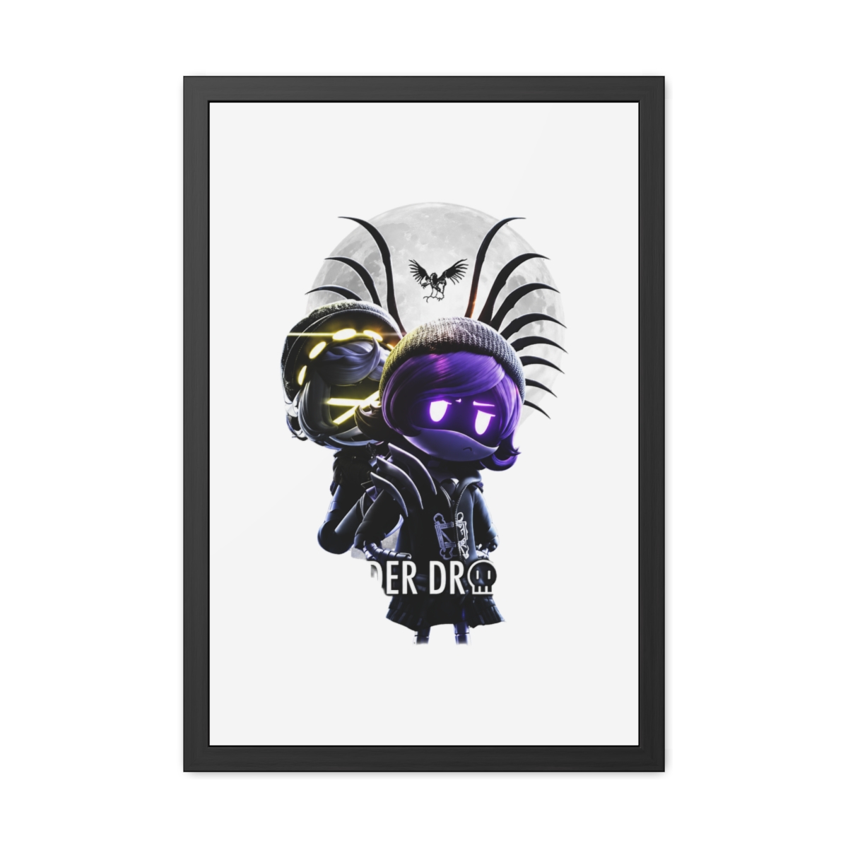 A framed poster with the title "MURDER DRONES." The artwork depicts a character with purple hair and glowing eyes, set against a moonlit backdrop. The poster is framed in black and is displayed on a... - alternate angle 5, merchandise