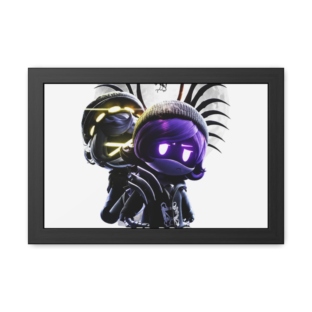 A framed poster with the title "MURDER DRONES." The artwork depicts a character with purple hair and glowing eyes, set against a moonlit backdrop. The poster is framed in black and is displayed on a... - alternate angle 5, merchandise