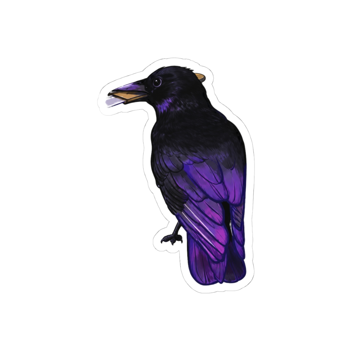 A sticker featuring a purple and black crow holding a silver knife in its beak. The crow is perched on a white background with a blue circle that says "murder*" and "*affectionate" in blue text - alternate angle 1, merchandise