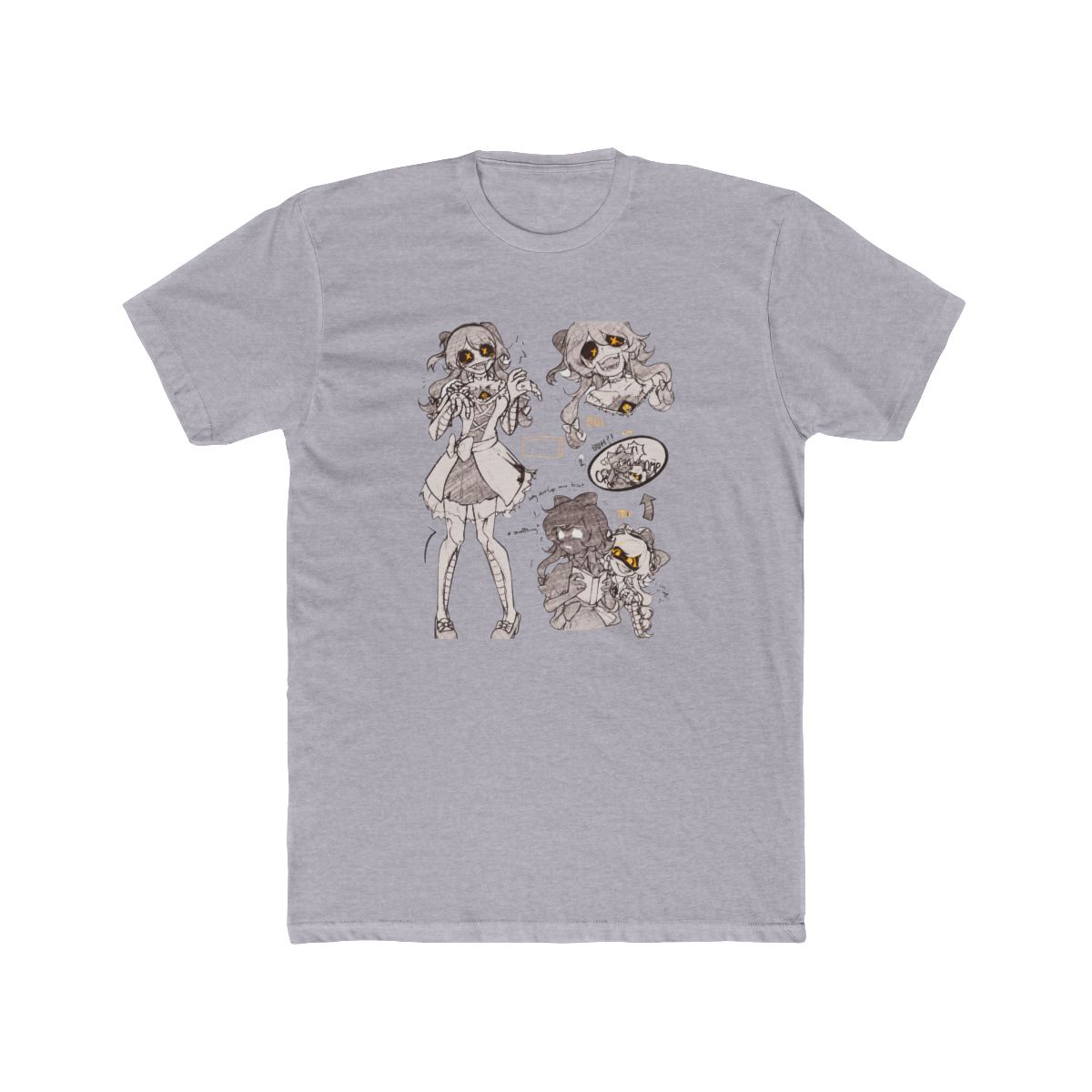A black and white sketch featuring multiple illustrations of a character with a bow, dress, and stitched features. Text includes "HUH?!", "COMP", and "Why did Cyn wear Tessa?" along with other symbols... - alternate angle 4, merchandise