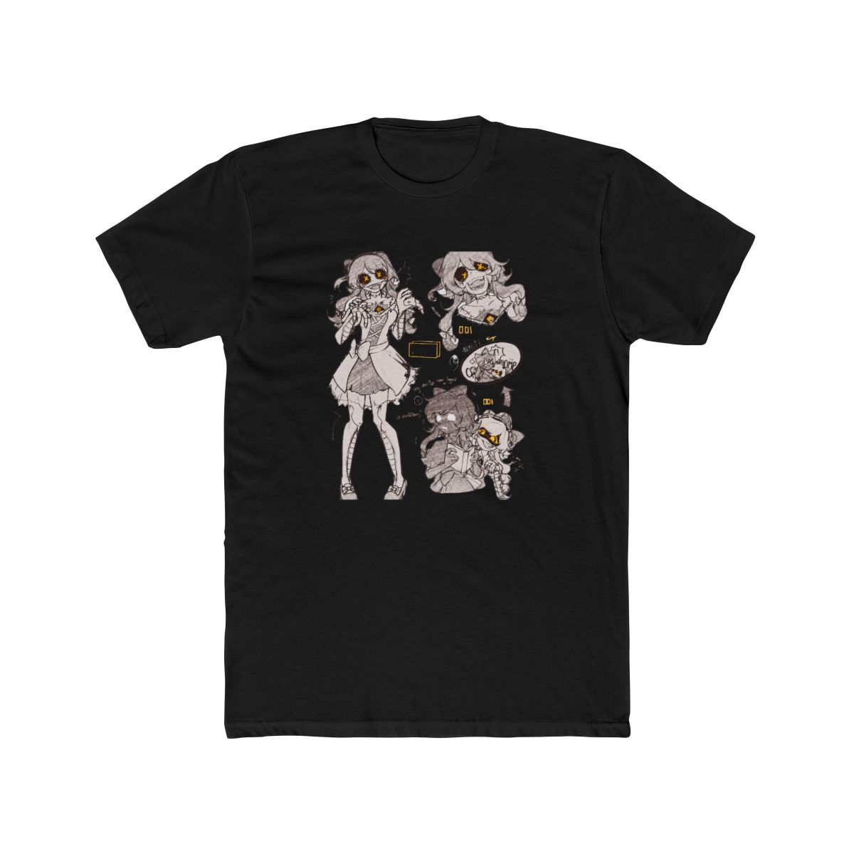 A black and white sketch featuring multiple illustrations of a character with a bow, dress, and stitched features. Text includes "HUH?!", "COMP", and "Why did Cyn wear Tessa?" along with other symbols...