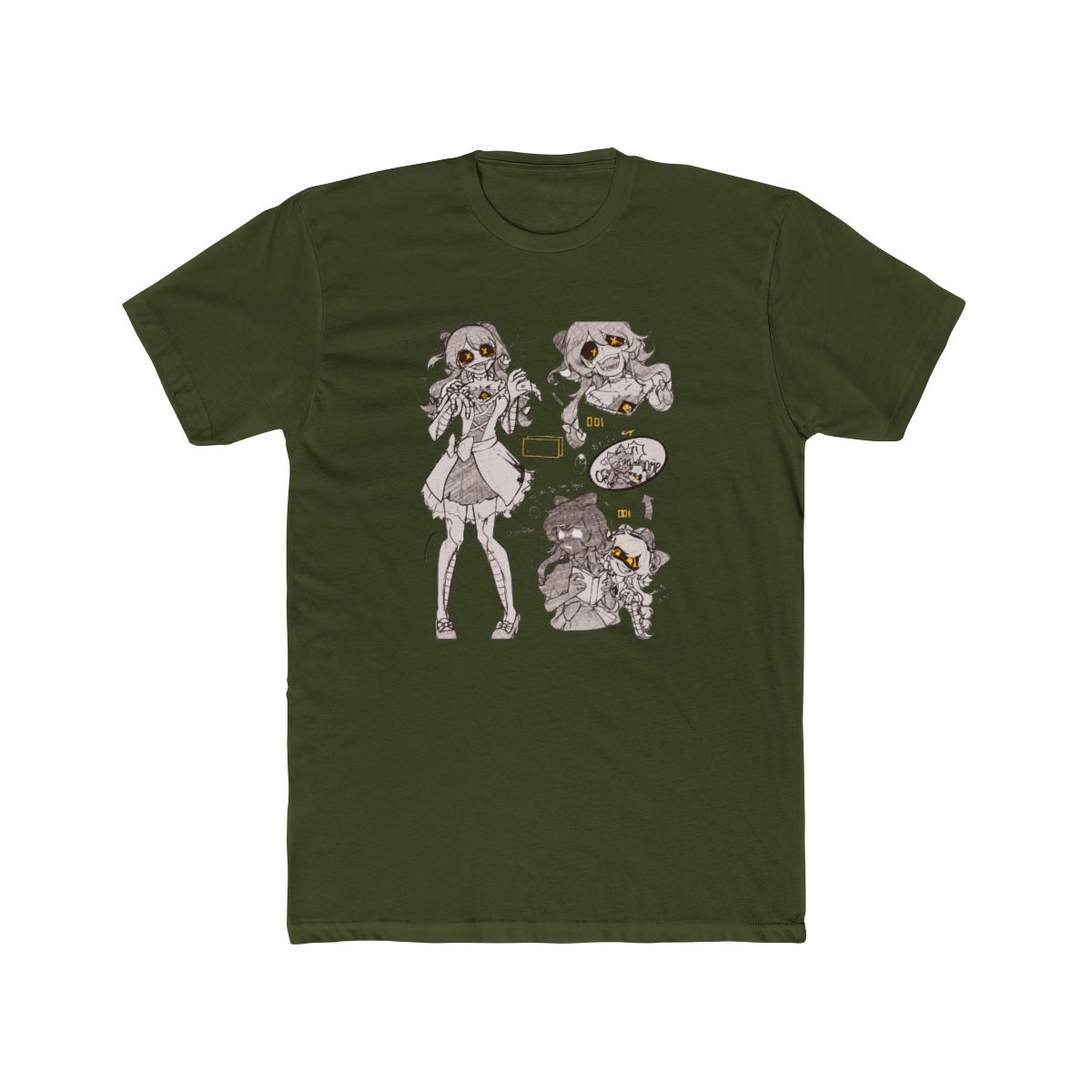 A black and white sketch featuring multiple illustrations of a character with a bow, dress, and stitched features. Text includes "HUH?!", "COMP", and "Why did Cyn wear Tessa?" along with other symbols... - alternate angle 5, merchandise