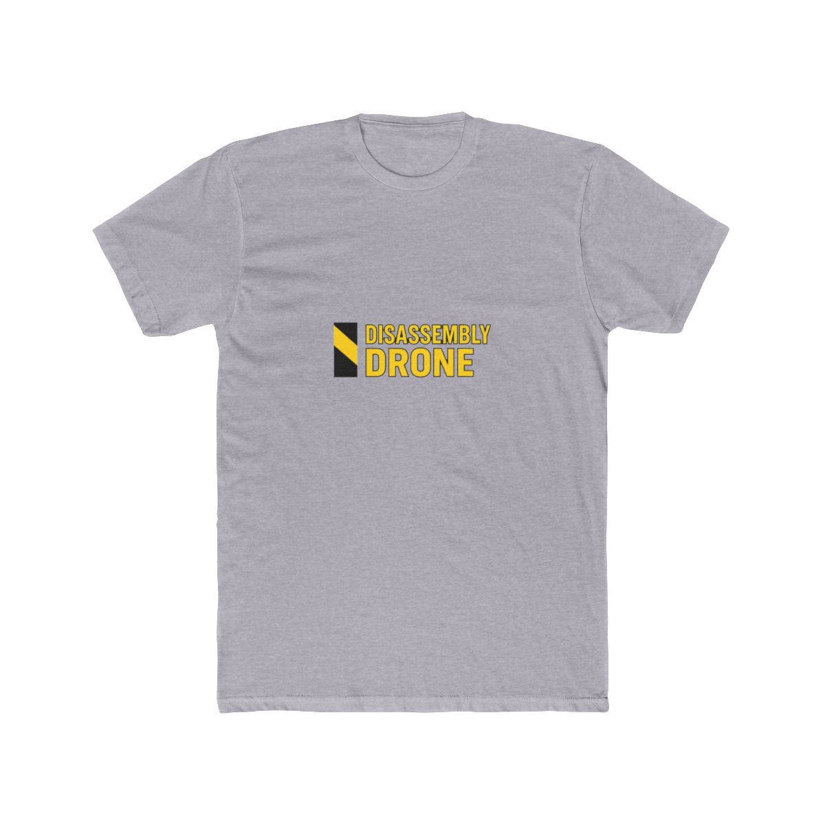 White T Shirt featuring the text "DISASSEMBLY DRONE" in yellow and black. The left sleeve has a black and yellow graphic. The shirt is made of a soft material - alternate angle 4, merchandise