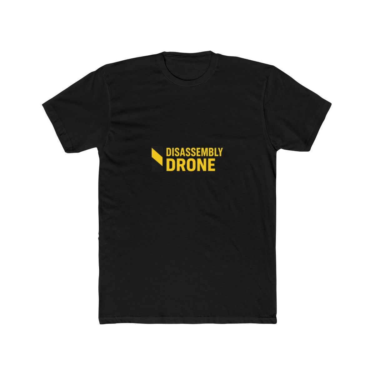 White T Shirt featuring the text "DISASSEMBLY DRONE" in yellow and black. The left sleeve has a black and yellow graphic. The shirt is made of a soft material - alternate angle 3, merchandise