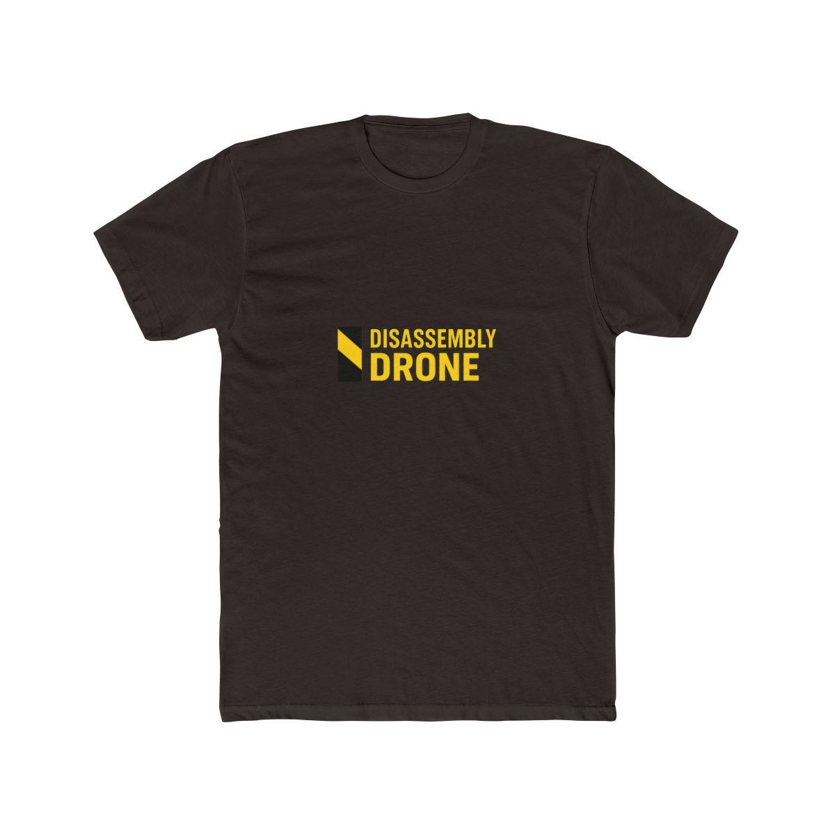 White T Shirt featuring the text "DISASSEMBLY DRONE" in yellow and black. The left sleeve has a black and yellow graphic. The shirt is made of a soft material - alternate angle 2, merchandise