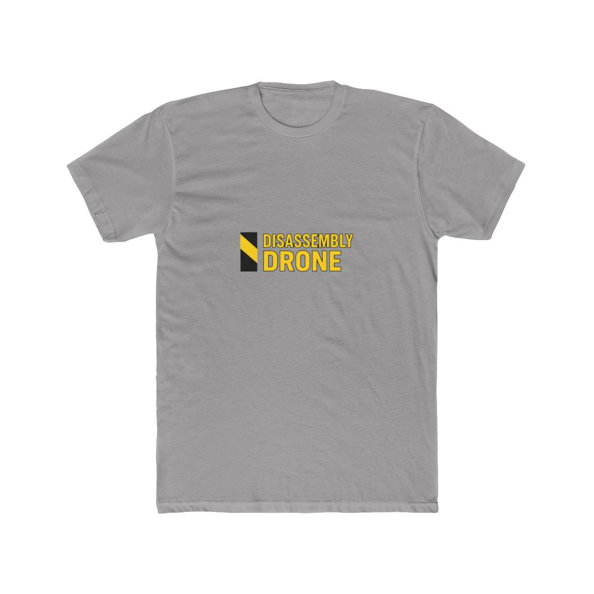 White T Shirt featuring the text "DISASSEMBLY DRONE" in yellow and black. The left sleeve has a black and yellow graphic. The shirt is made of a soft material