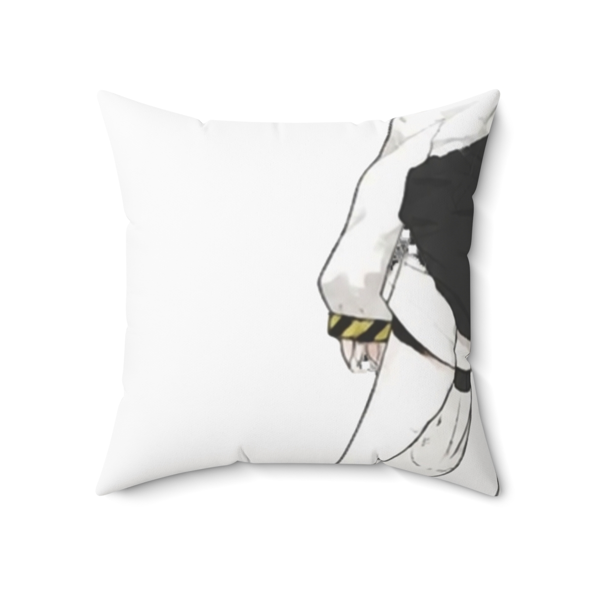 A long, rectangular body pillow featuring a cartoon character in a black and white outfit with yellow accents. The has a white background and is being held up by a person - alternate angle 5, merchandise