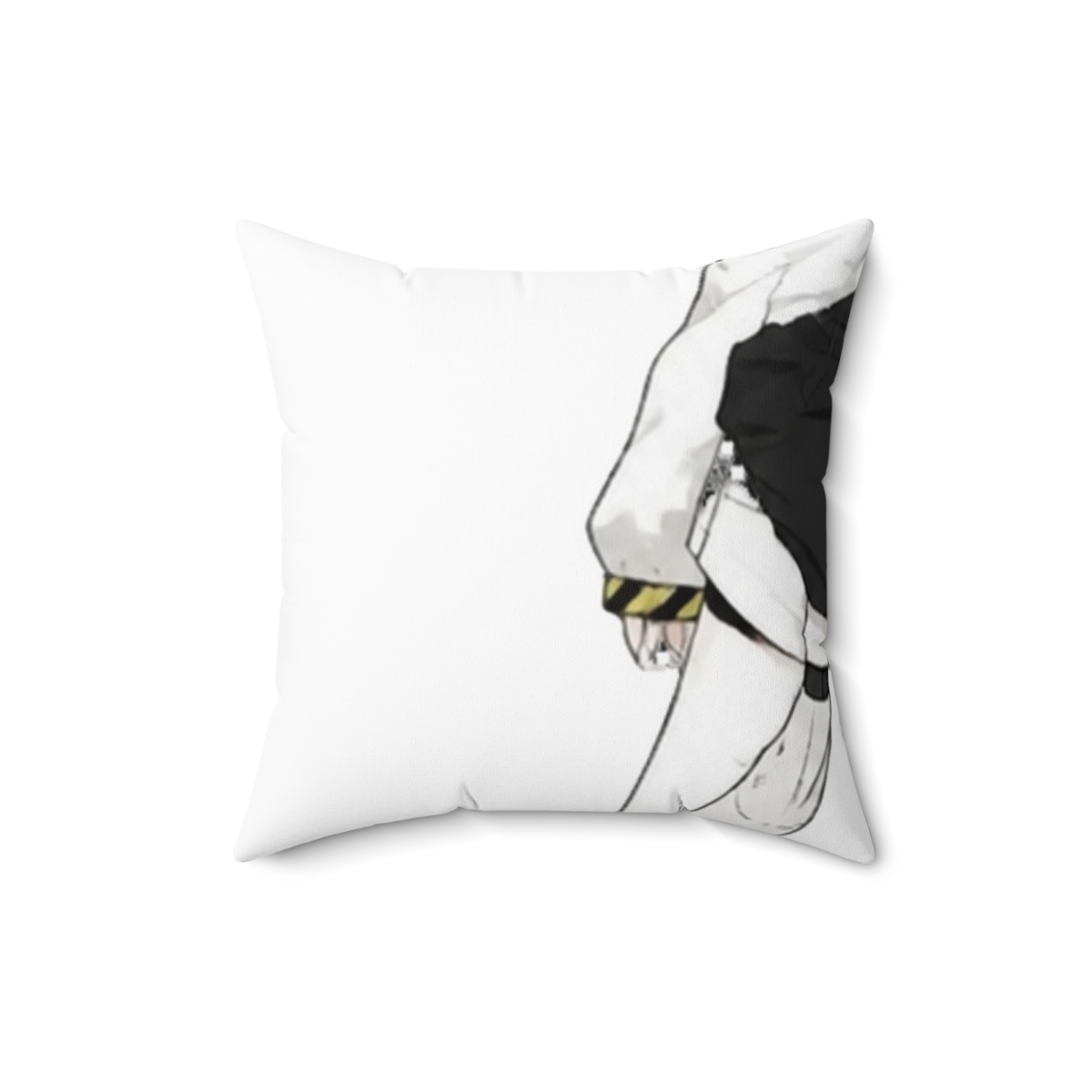 A long, rectangular body pillow featuring a cartoon character in a black and white outfit with yellow accents. The has a white background and is being held up by a person - alternate angle 2, merchandise