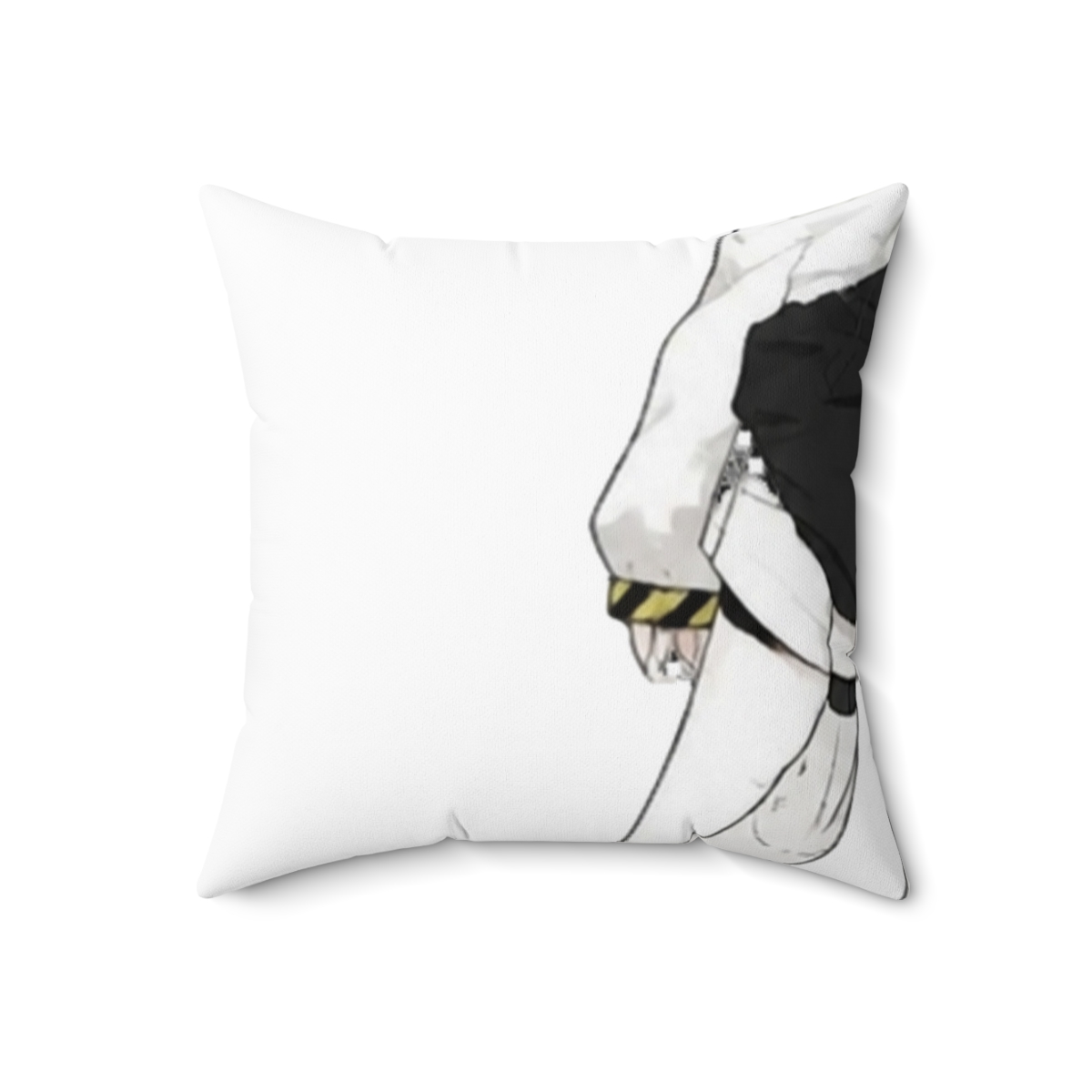 A long, rectangular body pillow featuring a cartoon character in a black and white outfit with yellow accents. The has a white background and is being held up by a person - alternate angle 3, merchandise