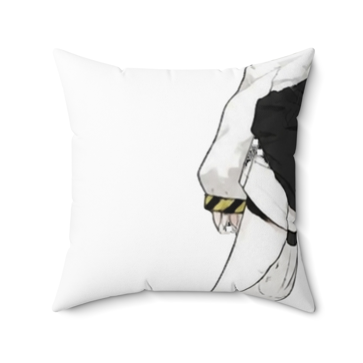 A long, rectangular body pillow featuring a cartoon character in a black and white outfit with yellow accents. The has a white background and is being held up by a person - alternate angle 4, merchandise