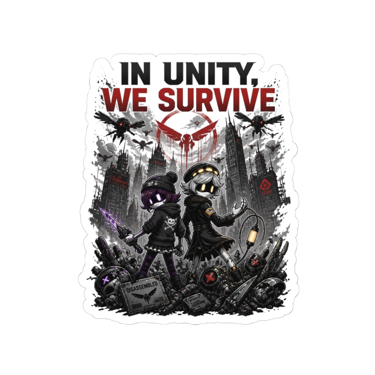 Murder Drones "In Unity, We Survive" Sticker - alternate angle 3, merchandise