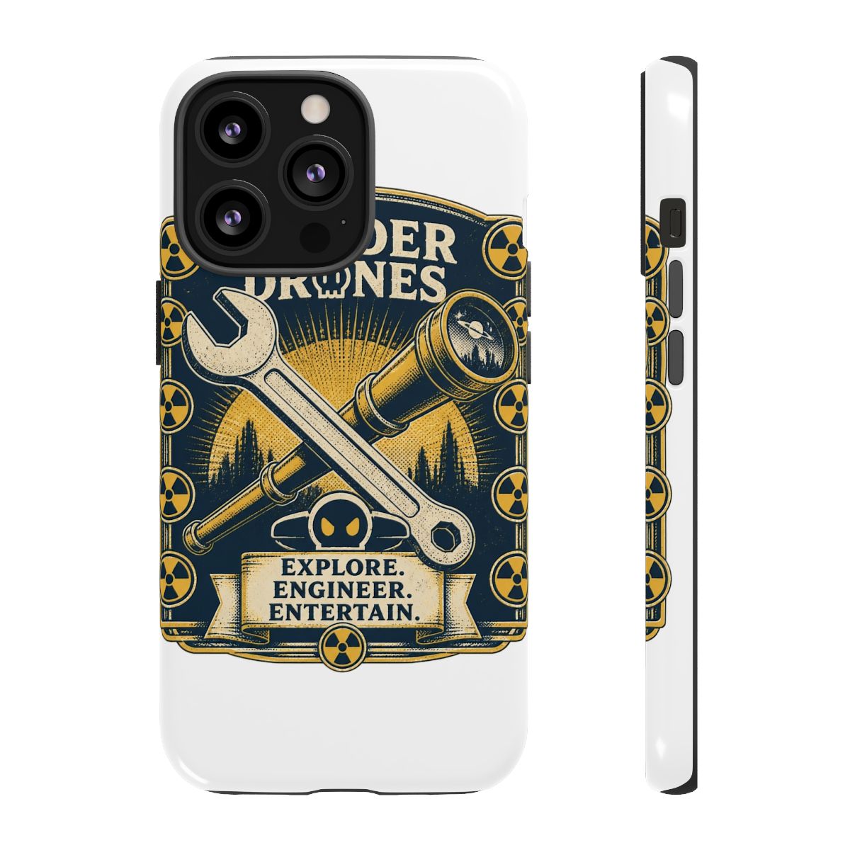 Murder Drones "Explore. Engineer. Entertain." Phone Case - alternate angle 1, merchandise