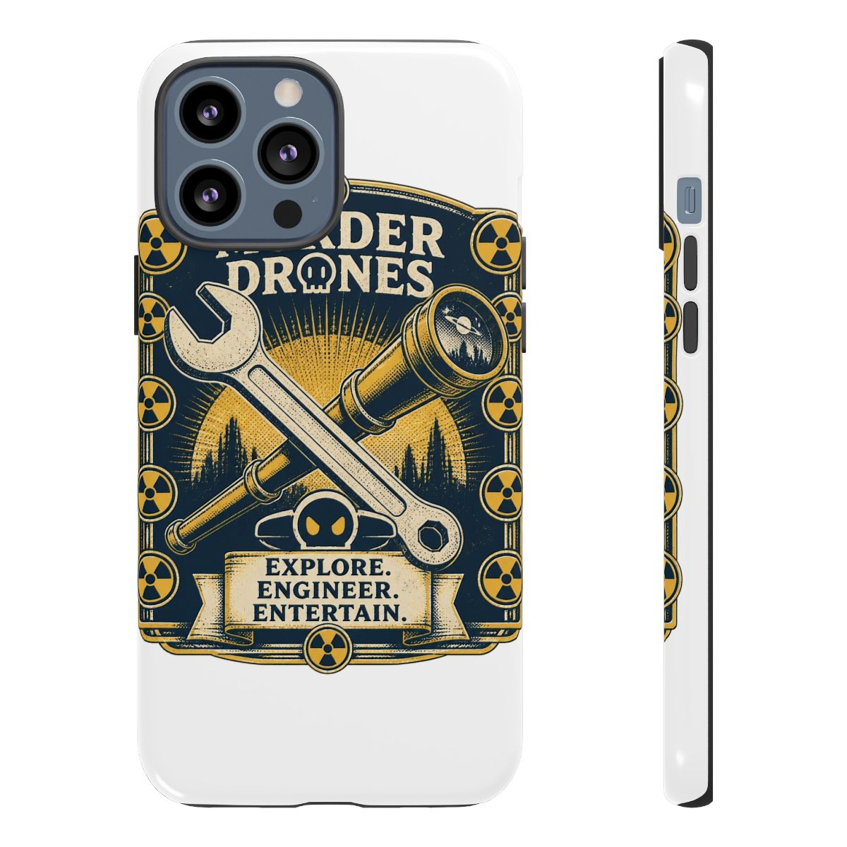 Murder Drones "Explore. Engineer. Entertain." Phone Case - alternate angle 2, merchandise