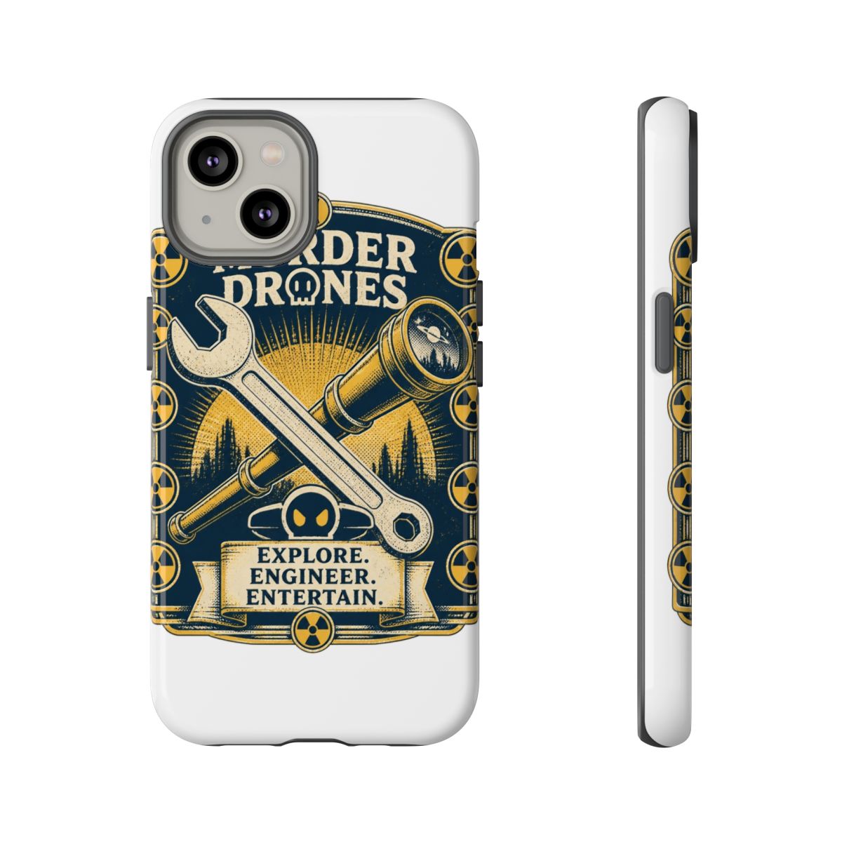 Murder Drones "Explore. Engineer. Entertain." Phone Case - alternate angle 3, merchandise