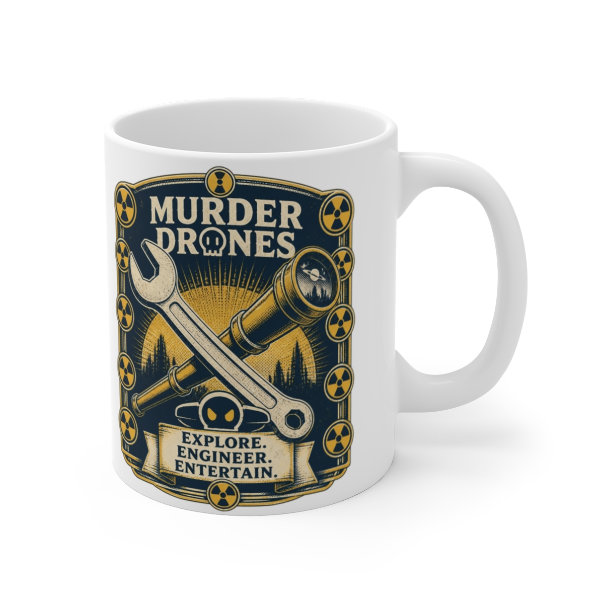 Murder Drones "Explore. Engineer. Entertain." White Mug - Official Mugs & Drinkware merchandise