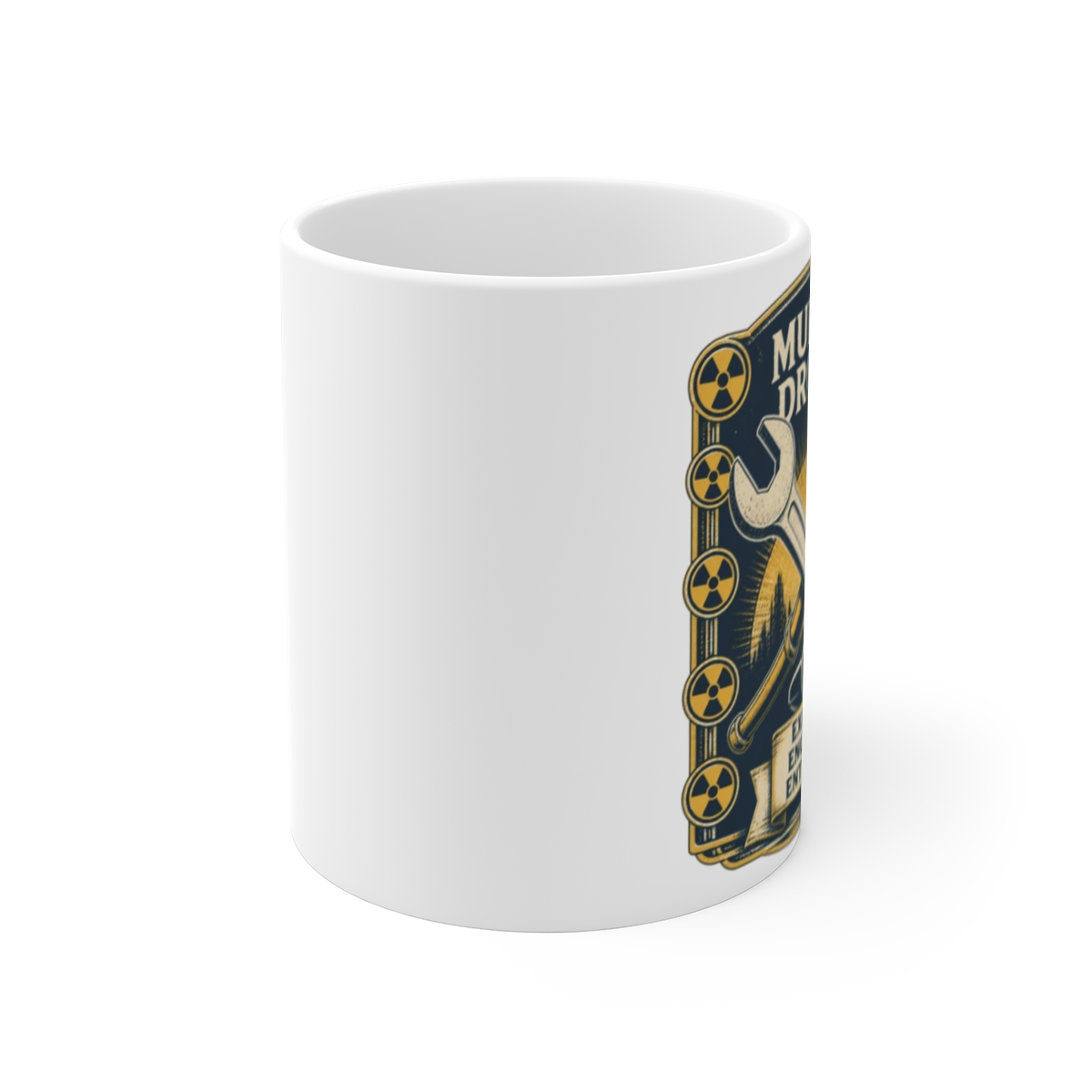 Murder Drones "Explore. Engineer. Entertain." White Mug - alternate angle 1, merchandise